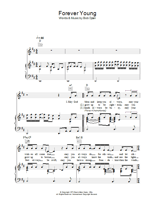 Bob Dylan Forever Young sheet music notes and chords. Download Printable PDF.