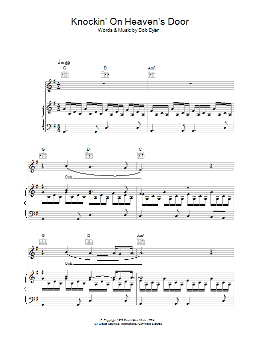 Bob Dylan Knockin' On Heaven's Door sheet music notes and chords. Download Printable PDF.