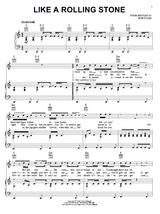 Bob Dylan Like A Rolling Stone sheet music notes and chords. Download Printable PDF.