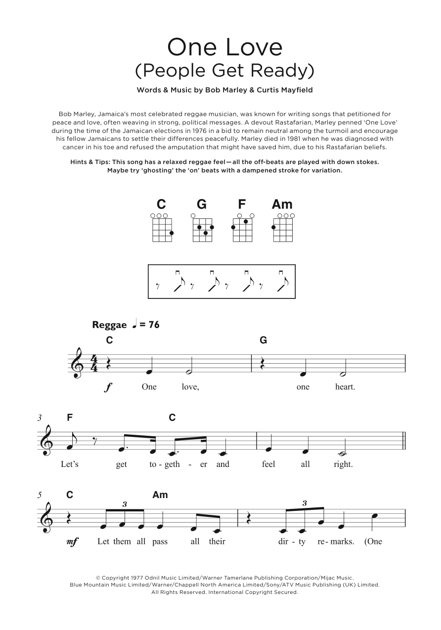 Bob Marley One Love (People Get Ready) sheet music notes and chords. Download Printable PDF.