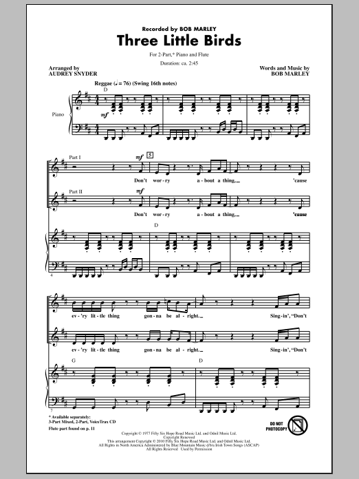 Audrey Snyder Three Little Birds sheet music notes and chords. Download Printable PDF.