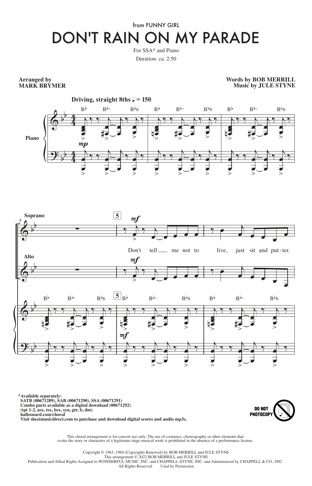 Bob Merrill & Jule Styne Don't Rain On My Parade (from Funny Girl) (arr. Mark Brymer) sheet music notes and chords. Download Printable PDF.