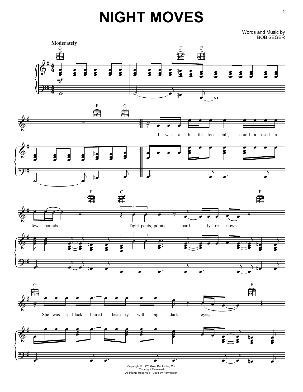 Learn to play Bob Seger Night Moves sheet music for Easy Piano in minutes. Price: 6.9900$ Bob Seger Night Moves sheet music notes and chords arranged for Easy Piano