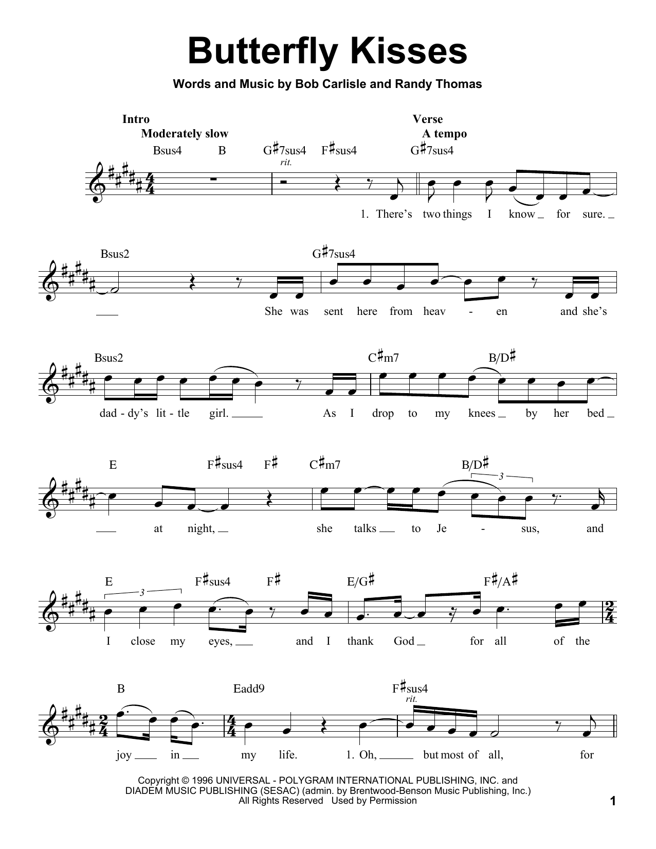 Bob Carlisle Butterfly Kisses sheet music notes and chords. Download Printable PDF.