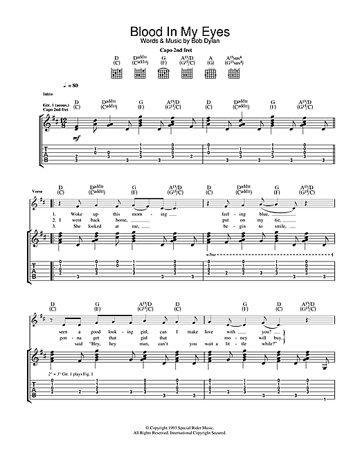 Learn to play Bob Dylan Blood In My Eyes sheet music for Guitar Tab in minu...