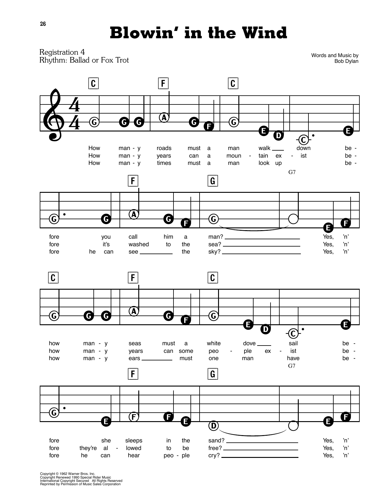 Bob Dylan Blowin' In The Wind sheet music notes and chords. Download Printable PDF.