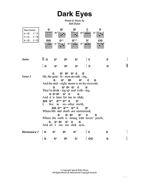Bob Dylan Dark Eyes sheet music notes and chords. Download Printable PDF.
