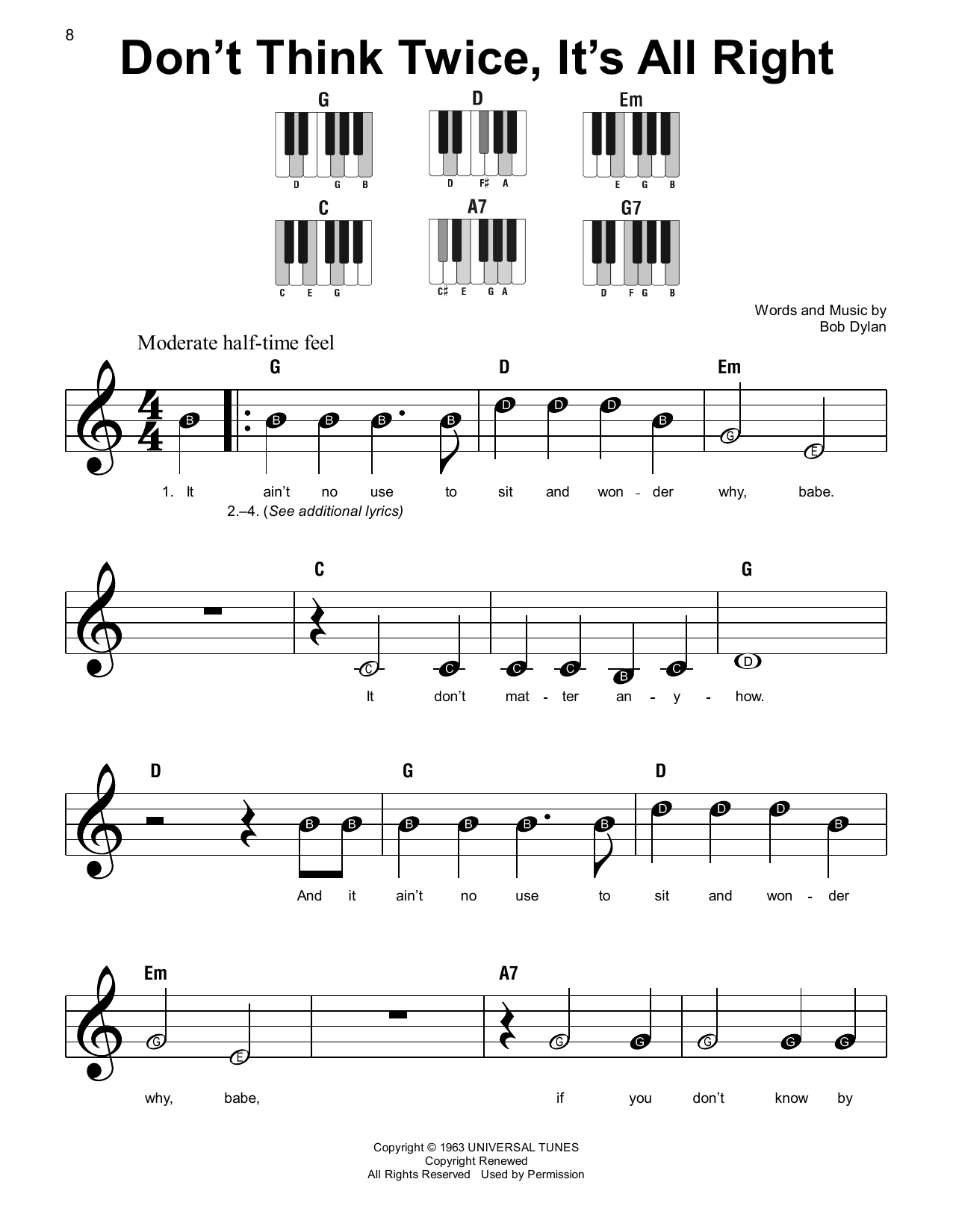 Bob Dylan Don T Think Twice It S All Right Sheet Music Download Printable Pdf Score Sku