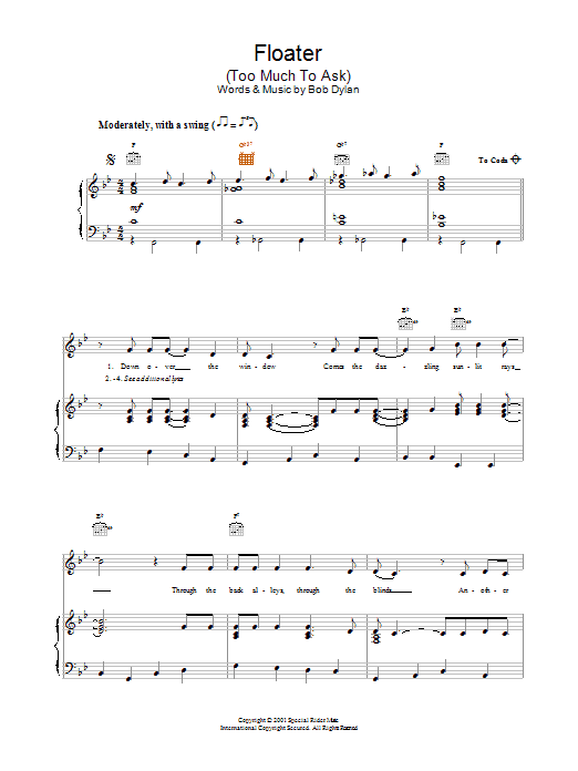 Bob Dylan Floater sheet music for Piano, Vocal & Guitar (Right-Hand Melody) in minutes. Price: 7.8900$ Bob Dylan Floater sheet music notes and chords. Download Printable PDF.