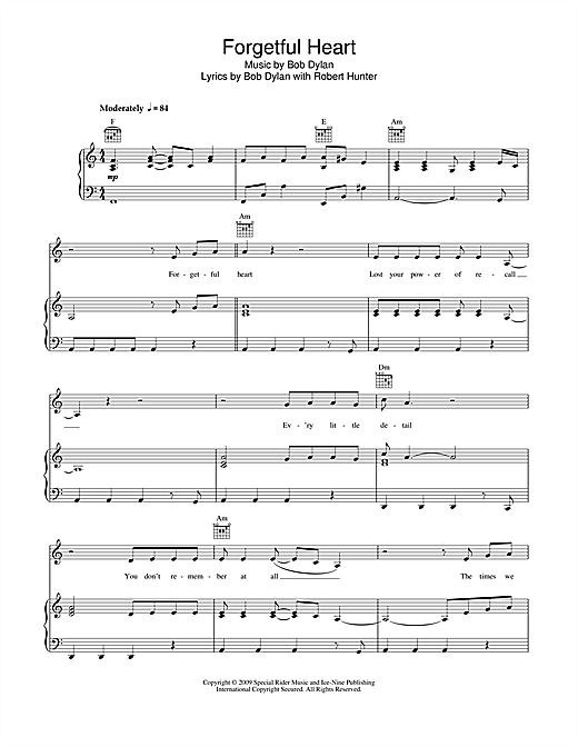 Bob Dylan Forgetful Heart sheet music notes and chords. Download Printable PDF.