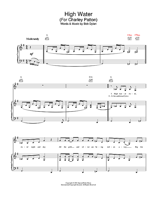 Preview Bob Dylan High Water (For Charley Patton) Rock sheet music, notes and chords for Piano, Vocal & Guitar (Right-Hand Melody), SKU: 19193 sheet music, piano notes, chords, guitar tabs, score, transpose, transcribe, how to play, guide, download, learn, tutorial, progression, song, artist, awards, billboard, mtv, vh1, tour, single, album, release