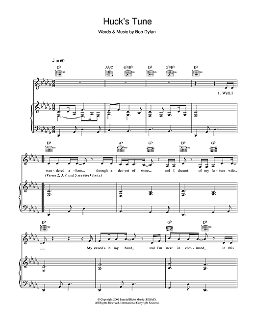 Bob Dylan Huck's Tune sheet music notes and chords. Download Printable PDF.