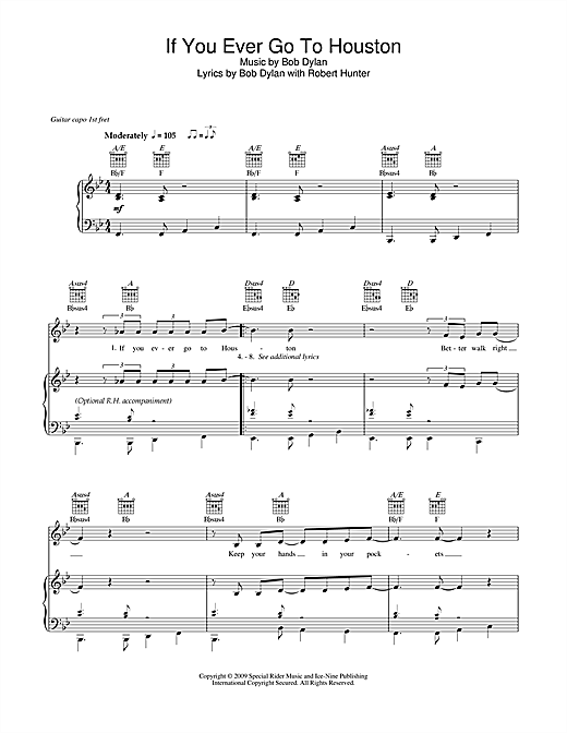 Learn to play Bob Dylan If You Ever Go To Houston sheet music for Piano, Vocal & Guitar (Right-Hand Melody) in minutes. Price: 7.8900$ Bob Dylan If You Ever Go To Houston sheet music notes and chords. Download Printable PDF.