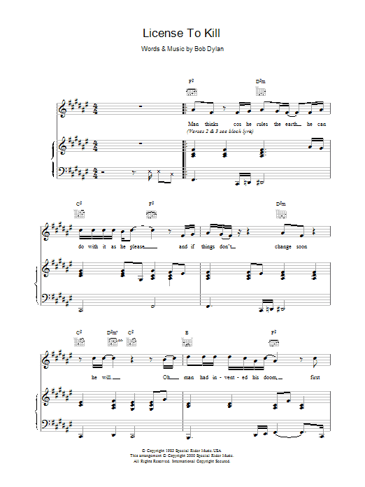 Bob Dylan License To Kill sheet music notes and chords. Download Printable PDF.