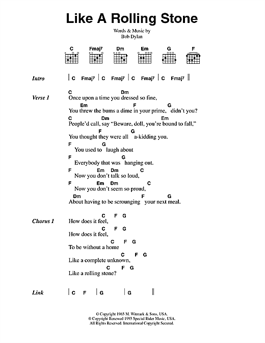 Bob Dylan Like A Rolling Stone sheet music notes and chords. Download Printable PDF.