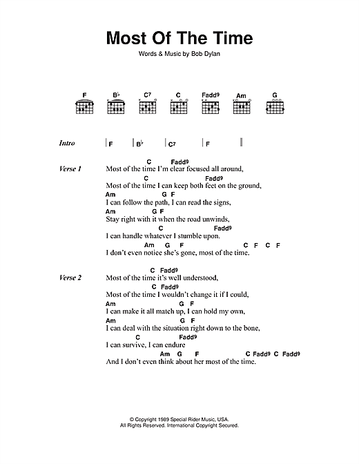 Bob Dylan Most Of The Time (from High Fidelity) sheet music notes and chords. Download Printable PDF.