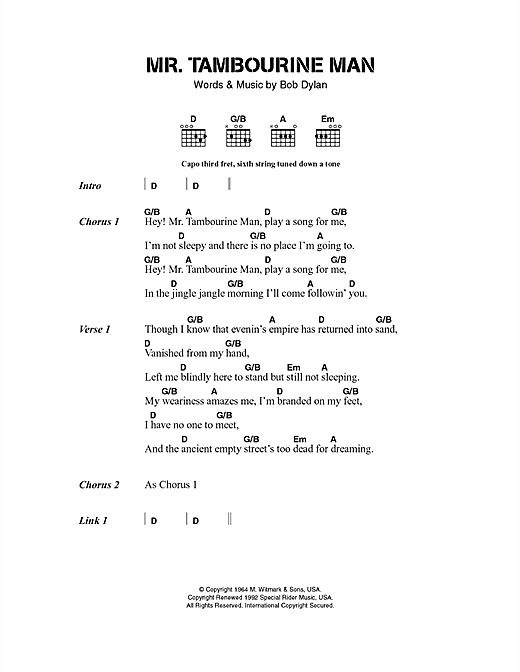 Bob Dylan Mr Tambourine Man Sheet Music Pdf Notes Chords Rock Score Keyboard Abridged Download Printable Sku