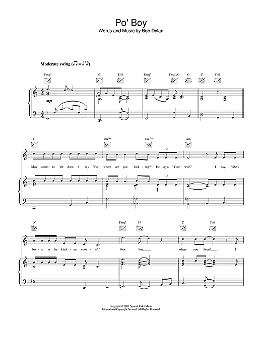 Bob Dylan Po' Boy sheet music notes and chords. Download Printable PDF.