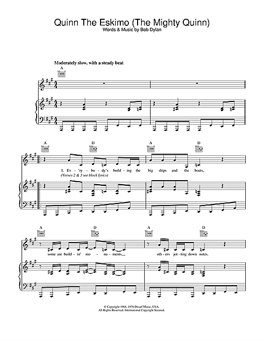 Learn to play Bob Dylan Quinn The Eskimo (The Mighty Quinn) sheet music for Guitar Chords/Lyrics in minutes. Price: 5.8900$ Bob Dylan Quinn The Eskimo (The Mighty Quinn) sheet music notes and chords. Download Printable PDF.