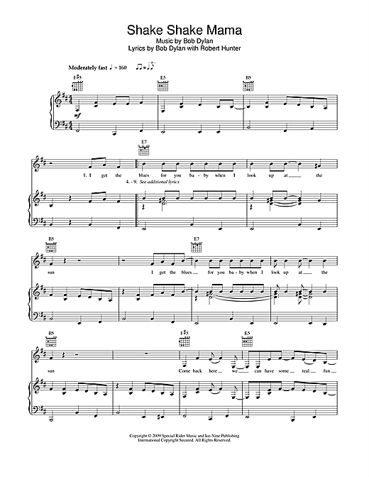 Learn to play Bob Dylan Shake Shake Mama sheet music for Piano, Vocal & Guitar (Right-Hand Melody) in minutes. Price: 7.8900$ Bob Dylan Shake Shake Mama sheet music notes and chords. Download Printable PDF.