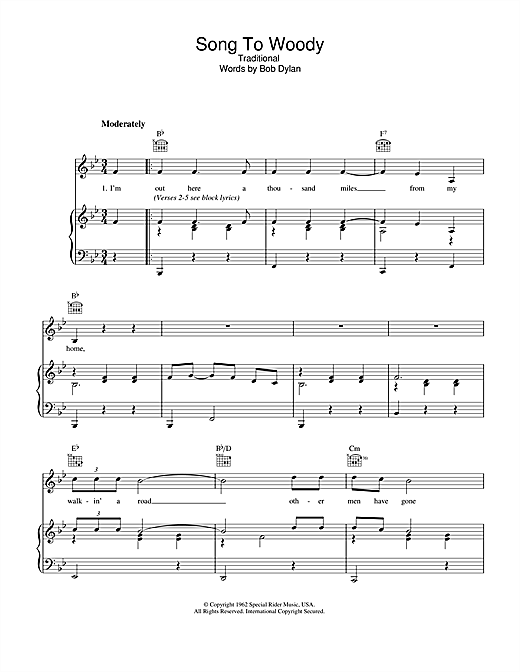 Bob Dylan Song To Woody sheet music notes and chords. Download Printable PDF.