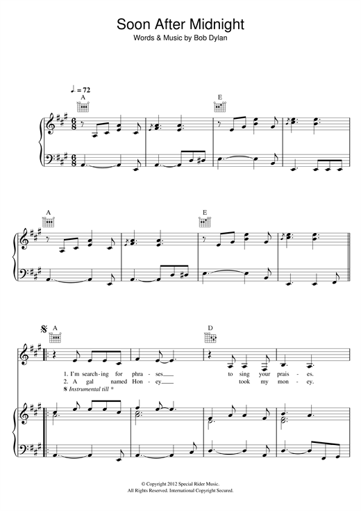 Bob Dylan Soon After Midnight sheet music notes and chords. Download Printable PDF.