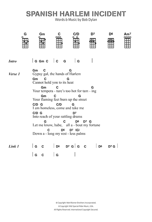 Bob Dylan Spanish Harlem Incident sheet music notes and chords. Download Printable PDF.