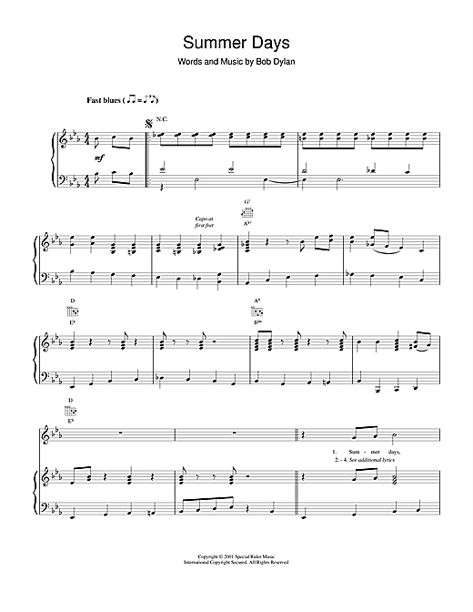 Bob Dylan Summer Days sheet music notes and chords. Download Printable PDF.