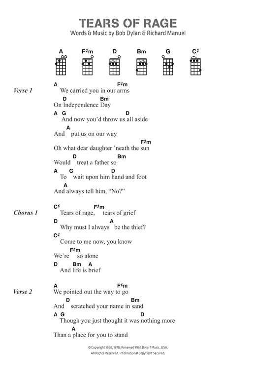 Bob Dylan Tears Of Rage sheet music notes and chords. Download Printable PDF.