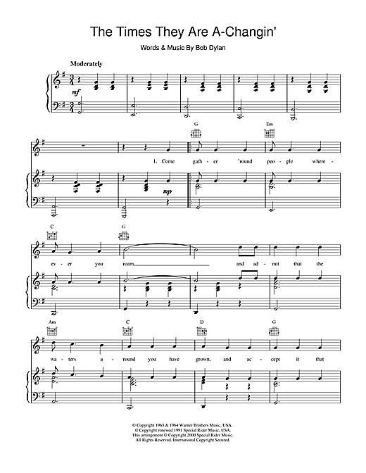 Bob Dylan The Times They Are A-Changin' sheet music notes and chords. Download Printable PDF.