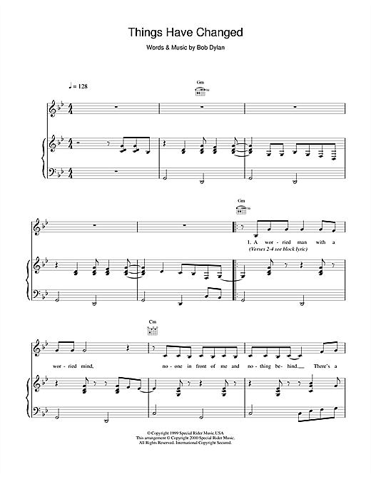 Learn to play Bob Dylan Things Have Changed (from Wonder Boys) sheet music for Piano, Vocal & Guitar in minutes. Bob Dylan Things Have Changed (from Wonder Boys) sheet music notes and chords. Download Printable PDF.