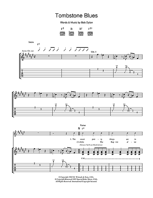 Bob Dylan Tombstone Blues sheet music notes and chords. Download Printable PDF.