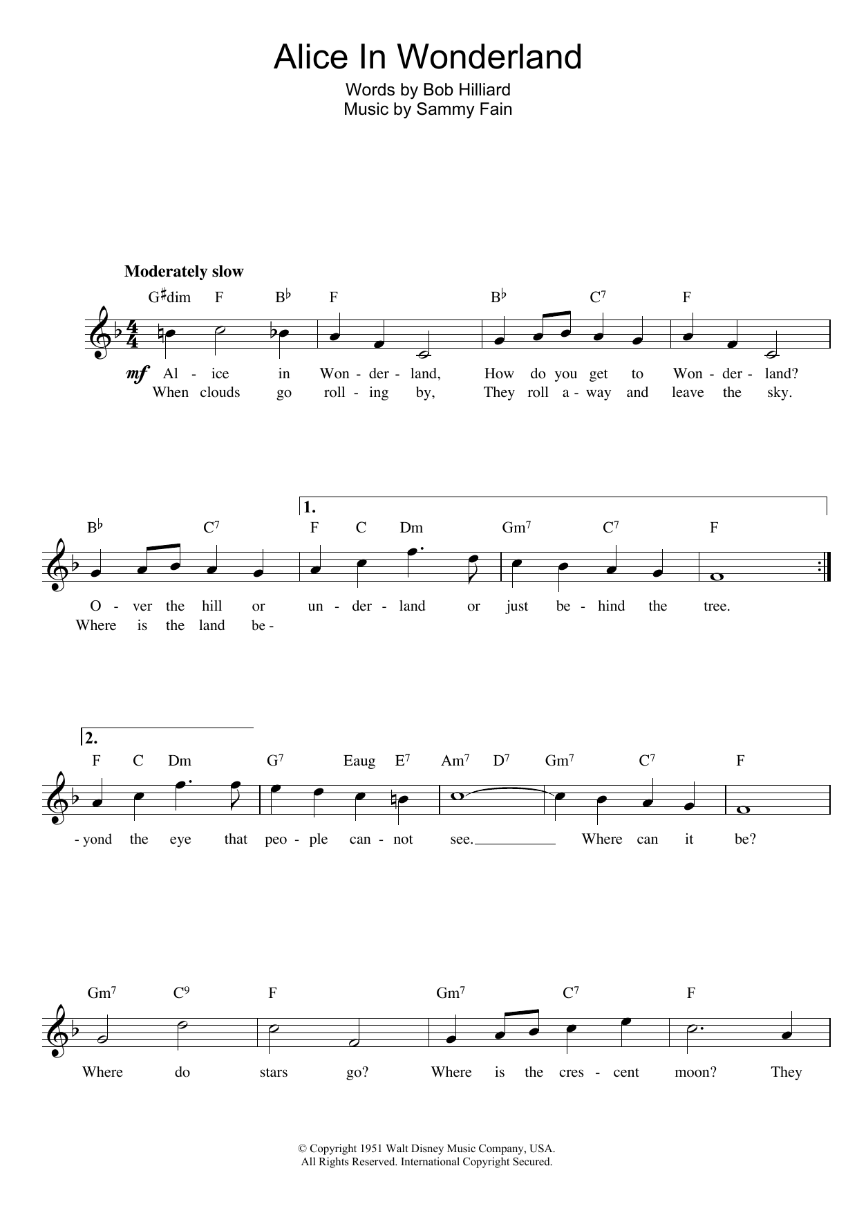 Sammy Fain Alice In Wonderland sheet music notes and chords. Download Printable PDF.
