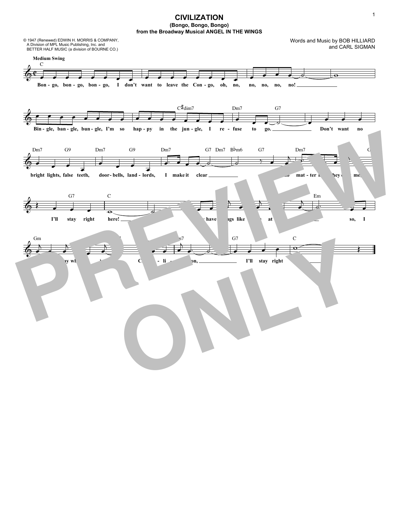 Learn to play Bob Hilliard Civilization (Bongo, Bongo, Bongo) sheet music for Lead Sheet / Fake Book in minutes. Price: 5.9900$ Bob Hilliard Civilization (Bongo, Bongo, Bongo) sheet music notes and chords arranged for Lead Sheet / Fake Book