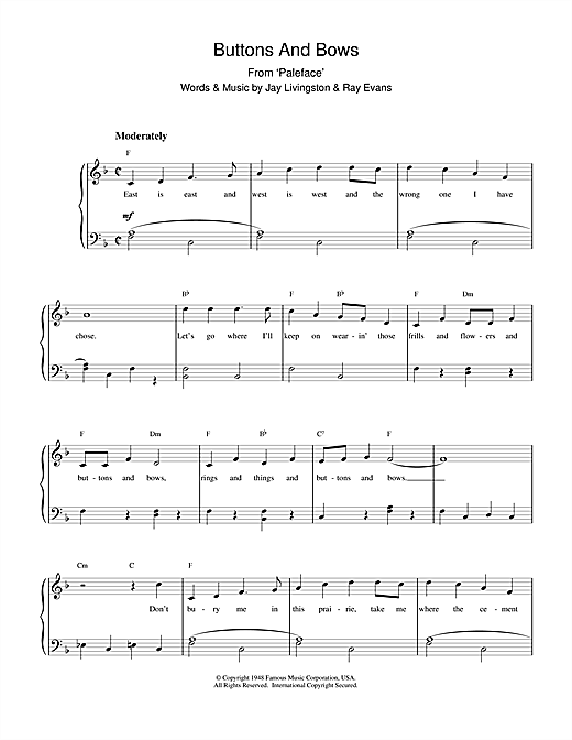 Learn to play Bob Hope Buttons And Bows (from The Paleface) sheet music for Piano Solo in minutes. Bob Hope Buttons And Bows (from The Paleface) sheet music notes and chords