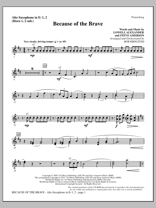 Learn to play Bob Krogstad Because Of The Brave - Alto Sax 1-2 (sub. Horn 1-2) sheet music for Choir Instrumental Pak in minutes. Price: 8.9900$ Bob Krogstad Because Of The Brave - Alto Sax 1-2 (sub. Horn 1-2) sheet music notes and chords arranged for Choir Instrumental Pak