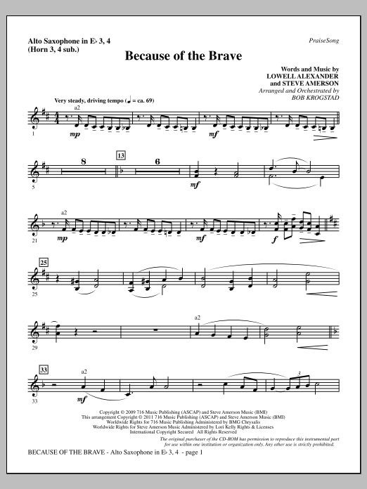 Learn to play Bob Krogstad Because Of The Brave - Alto Sax 3-4 (sub. Horn 3-4) sheet music for Choir Instrumental Pak in minutes. Price: 8.9900$ Bob Krogstad Because Of The Brave - Alto Sax 3-4 (sub. Horn 3-4) sheet music notes and chords arranged for Choir Instrumental Pak