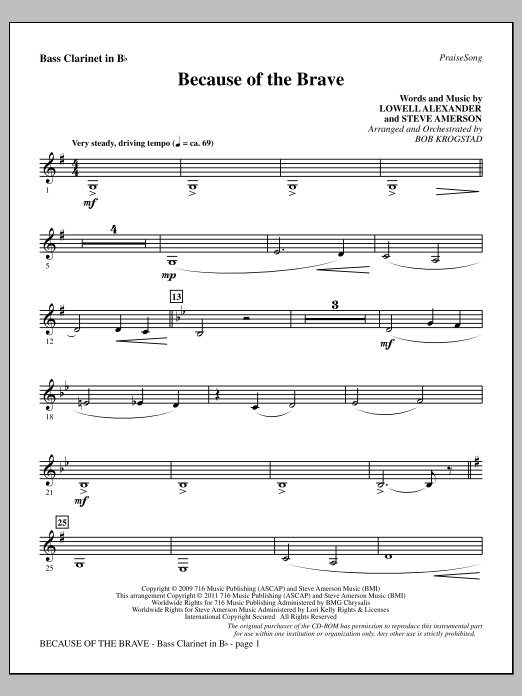 Learn to play Bob Krogstad Because Of The Brave - Bass Clarinet sheet music for Choir Instrumental Pak in minutes. Price: 8.9900$ Bob Krogstad Because Of The Brave - Bass Clarinet sheet music notes and chords arranged for Choir Instrumental Pak