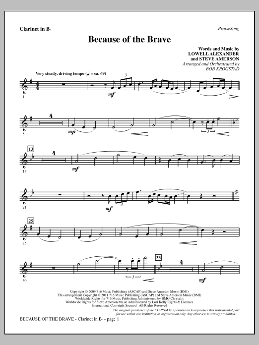Learn to play Bob Krogstad Because Of The Brave - Clarinet sheet music for Choir Instrumental Pak in minutes. Price: 8.9900$ Bob Krogstad Because Of The Brave - Clarinet sheet music notes and chords arranged for Choir Instrumental Pak
