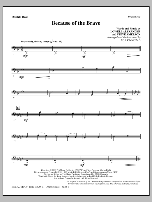 Learn to play Bob Krogstad Because Of The Brave - Double Bass sheet music for Choir Instrumental Pak in minutes. Price: 8.9900$ Bob Krogstad Because Of The Brave - Double Bass sheet music notes and chords arranged for Choir Instrumental Pak