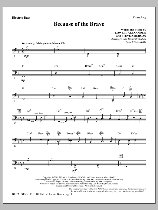 Learn to play Bob Krogstad Because Of The Brave - Electric Bass sheet music for Choir Instrumental Pak in minutes. Price: 8.9900$ Bob Krogstad Because Of The Brave - Electric Bass sheet music notes and chords arranged for Choir Instrumental Pak
