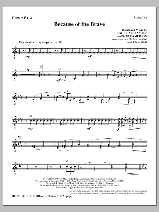 Learn to play Bob Krogstad Because Of The Brave - F Horn 1 & 2 sheet music for Choir Instrumental Pak in minutes. Price: 8.9900$ Bob Krogstad Because Of The Brave - F Horn 1 & 2 sheet music notes and chords arranged for Choir Instrumental Pak
