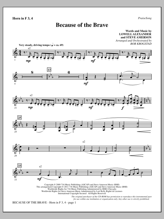 Learn to play Bob Krogstad Because Of The Brave - F Horn 3 & 4 sheet music for Choir Instrumental Pak in minutes. Price: 8.9900$ Bob Krogstad Because Of The Brave - F Horn 3 & 4 sheet music notes and chords arranged for Choir Instrumental Pak