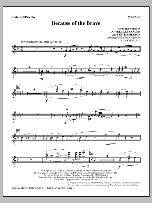Learn to play Bob Krogstad Because Of The Brave - Flute 1,2/Piccolo sheet music for Choir Instrumental Pak in minutes. Price: 8.9900$ Bob Krogstad Because Of The Brave - Flute 1,2/Piccolo sheet music notes and chords arranged for Choir Instrumental Pak
