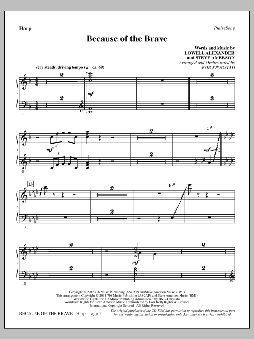 Learn to play Bob Krogstad Because Of The Brave - Harp sheet music for Choir Instrumental Pak in minutes. Price: 8.9900$ Bob Krogstad Because Of The Brave - Harp sheet music notes and chords arranged for Choir Instrumental Pak