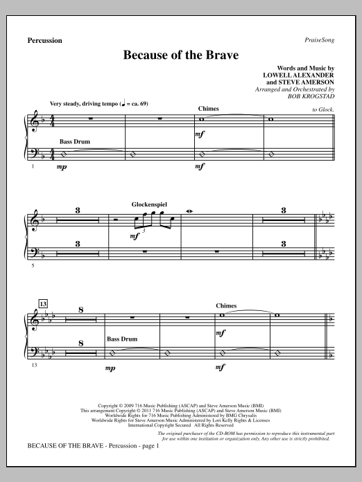 Learn to play Bob Krogstad Because Of The Brave - Percussion sheet music for Choir Instrumental Pak in minutes. Price: 8.9900$ Bob Krogstad Because Of The Brave - Percussion sheet music notes and chords arranged for Choir Instrumental Pak