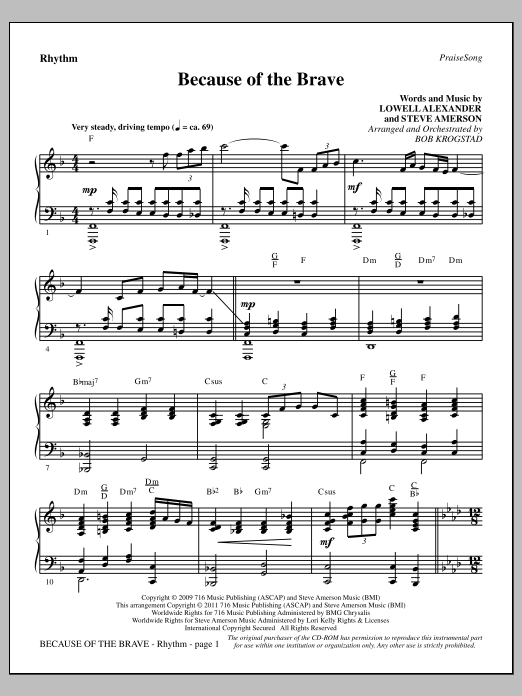 Learn to play Bob Krogstad Because Of The Brave - Rhythm sheet music for Choir Instrumental Pak in minutes. Price: 8.9900$ Bob Krogstad Because Of The Brave - Rhythm sheet music notes and chords arranged for Choir Instrumental Pak