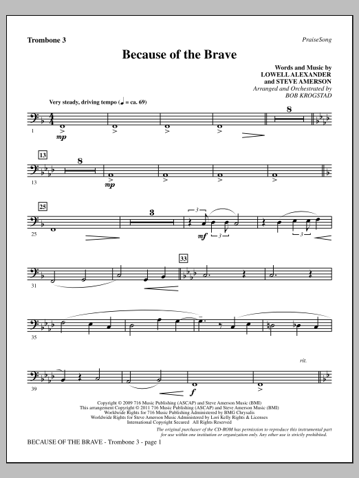 Learn to play Bob Krogstad Because Of The Brave - Trombone 3 sheet music for Choir Instrumental Pak in minutes. Price: 8.9900$ Bob Krogstad Because Of The Brave - Trombone 3 sheet music notes and chords arranged for Choir Instrumental Pak