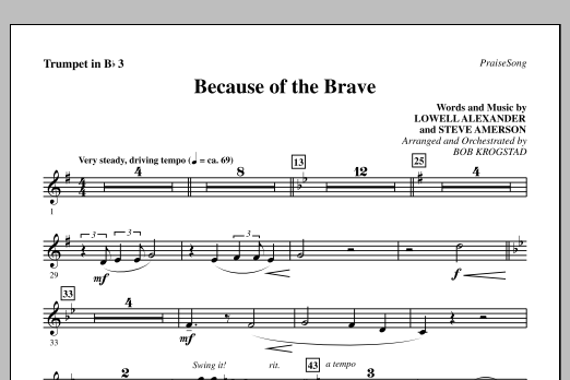 Learn to play Bob Krogstad Because Of The Brave - Trumpet 3 sheet music for Choir Instrumental Pak in minutes. Price: 8.9900$ Bob Krogstad Because Of The Brave - Trumpet 3 sheet music notes and chords arranged for Choir Instrumental Pak