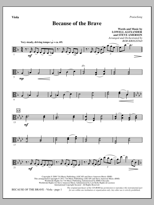 Learn to play Bob Krogstad Because Of The Brave - Viola sheet music for Choir Instrumental Pak in minutes. Price: 8.9900$ Bob Krogstad Because Of The Brave - Viola sheet music notes and chords arranged for Choir Instrumental Pak